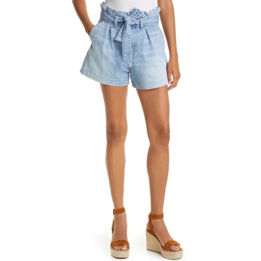 Veronica Beard Jeans Nori Paperbag Waist Pleated High Rise Denim Shorts in Nova